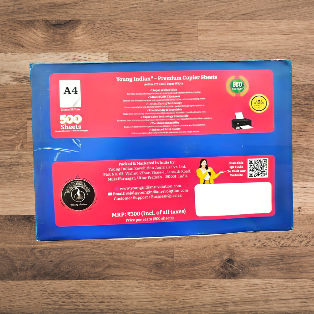 Young Indian™ Premium White Copier Sheets – A4 Size, 75 GSM, Super White, 500 Sheets (Eco-Friendly)