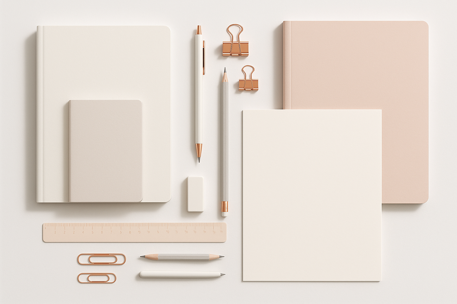 Stationery products kept on a white table designer aesthetic collection. 